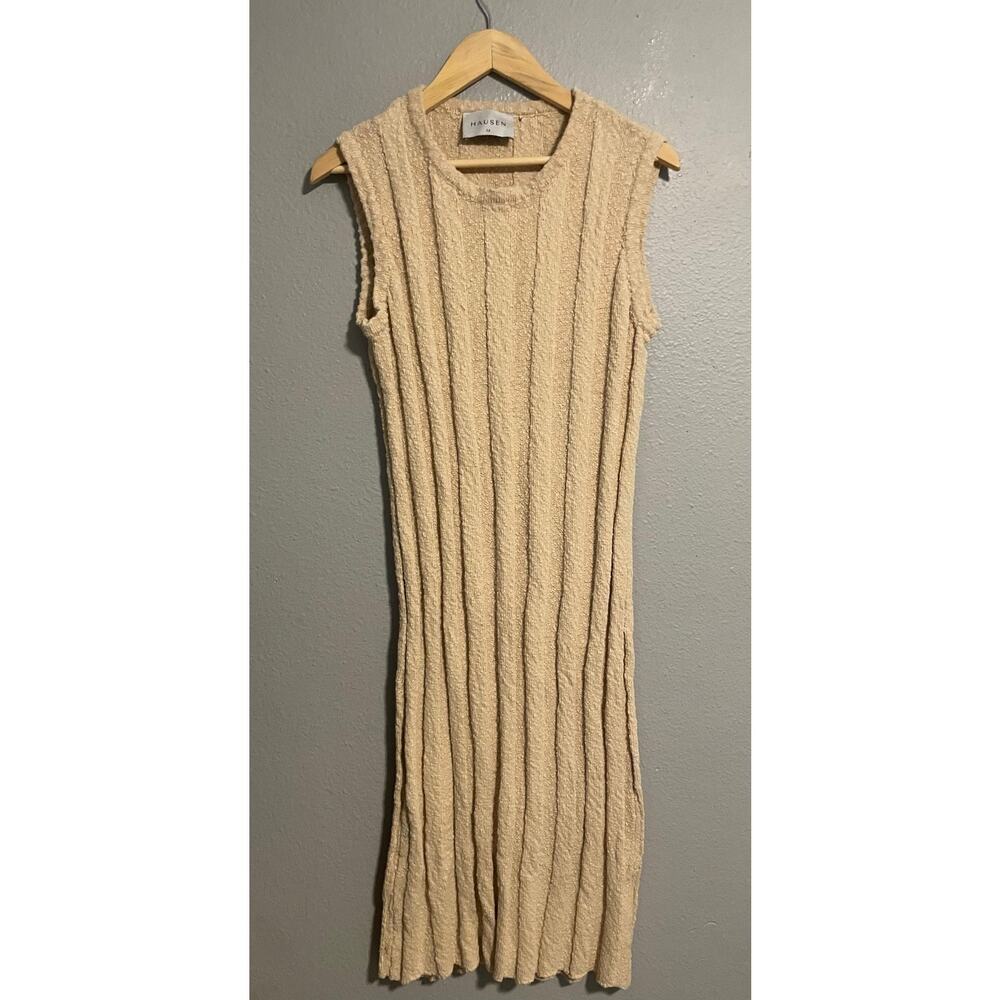 Hausen Midi Dress Womens Medium Beige Textured Sleeveless Ribbed Lagenlook Boho